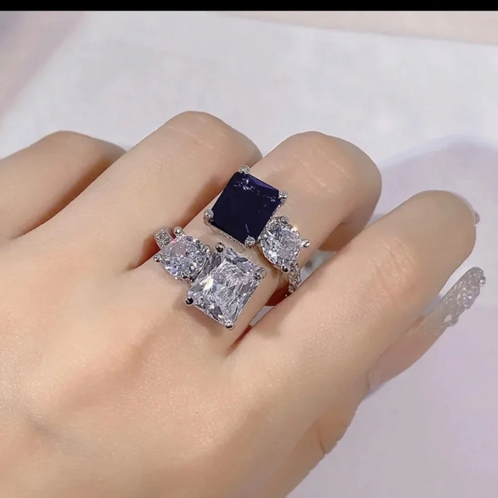 - Sapphire 3CT square cut 925 stamped swarovski elements adjustable ring